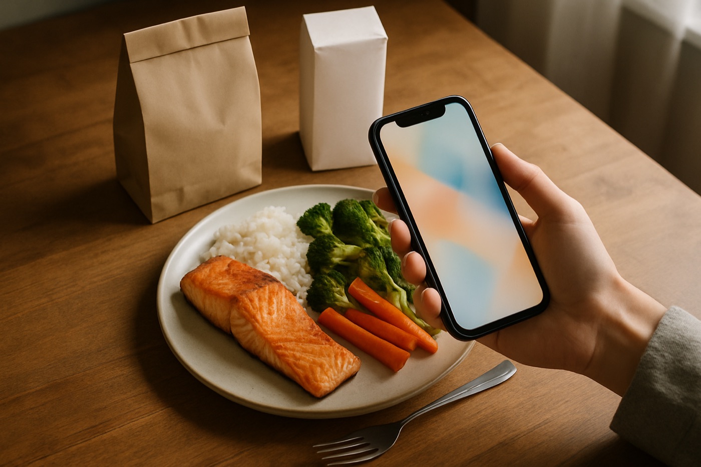 A hand holds a smartphone over a plate of salmon, rice, broccoli and carrots to scan the meal, with packaged groceries on the table behind it