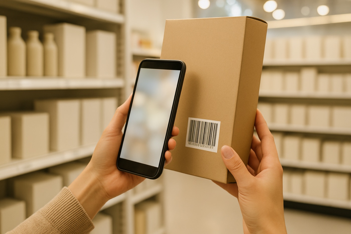 A shopper in a grocery aisle holds a smartphone next to a plain cardboard box to scan its barcode